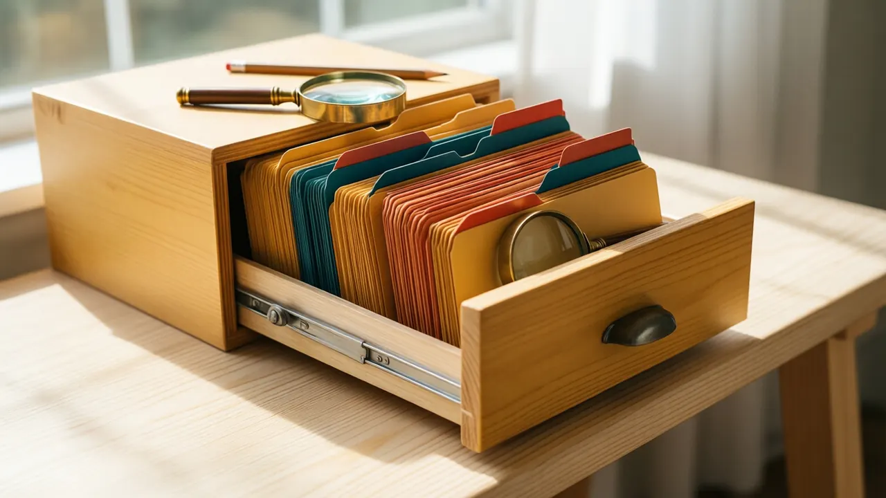 A plain wooden card index drawer pulled half open on a pale plywood bench in bright daylight, its manila cards standing upright with coloured tabs in saffron, deep teal and brick red, a brass loupe lying across the top of the drawer and a pencil beside it.