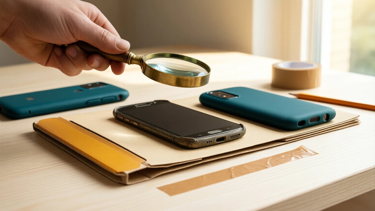Close view of a brass loupe held above an old Android phone lying face down on a manila folder with a saffron index tab, a second phone with a deep teal case lying beside it, a short strip of brown parcel tape and a pencil on the pale plywood bench, bright daylight from the right.