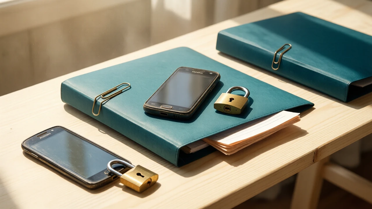 A deep teal manila folder lying closed on a pale plywood bench in bright daylight with a single brass paper clip on its edge, an old Android phone face down on top of it, a small brass padlock lying open beside the phone and a folded paper note tucked half under the folder.