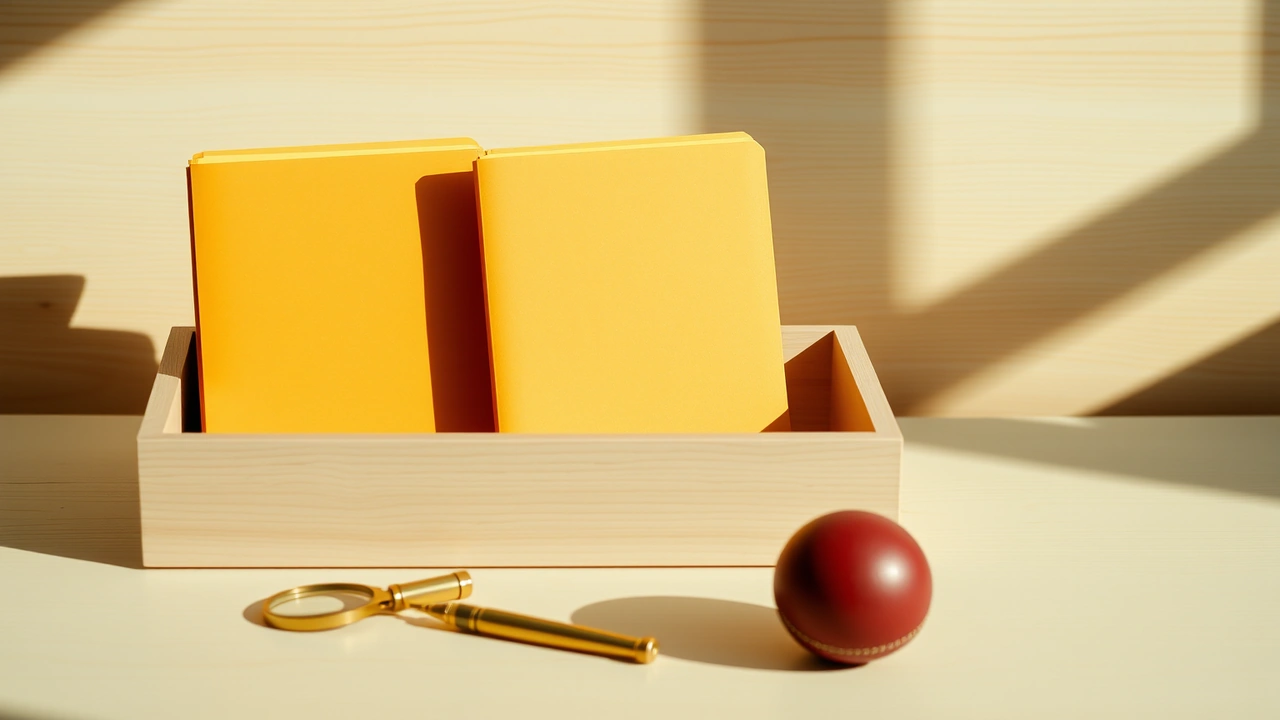 Three manila file folders standing upright in a plain wooden desk tray on a pale plywood bench in bright daylight, their index tabs in saffron, deep teal and sand side by side, a brass loupe and a red leather cricket ball lying in front of the tray.
