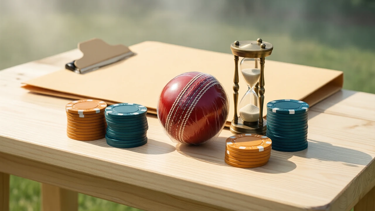 A new red leather cricket ball still in its clear wrapper on a pale plywood bench in bright daylight, beside two short stacks of clay poker chips, one saffron and one deep teal with white edge stripes, and a small brass hourglass, a manila folder with a sand-coloured tab lying closed behind them.
