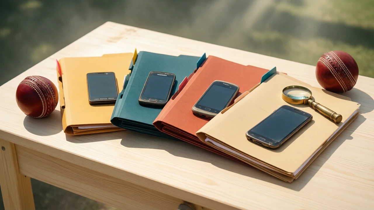Four manila file folders fanned out on a pale plywood workbench in bright daylight, each with a coloured index tab sticking up, saffron, deep teal, brick red and sand, and on top of each folder an old Android phone lying face down, a brass loupe resting beside the last one and a red leather cricket ball at the edge of the bench.