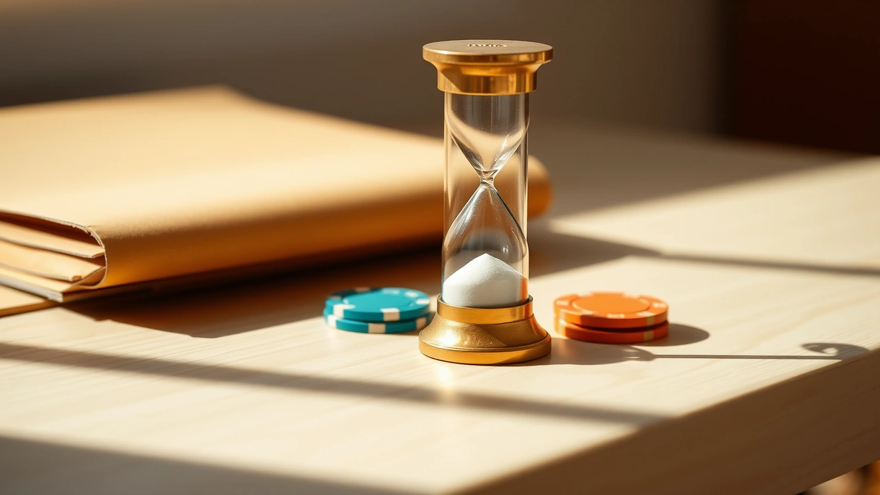 A small brass hourglass with pale sand running through it standing on a pale plywood bench in bright daylight, a short stack of clay poker chips in saffron and deep teal beside it and a sand-coloured manila folder lying closed behind them.
