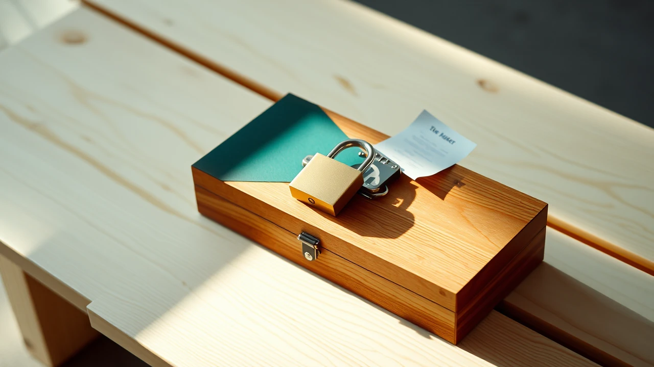 A single small brass padlock hanging closed from a plain steel hasp on the lid of a wooden box on a pale plywood bench in bright daylight, a deep teal manila folder lying beside the box and a folded paper note resting on its lid.