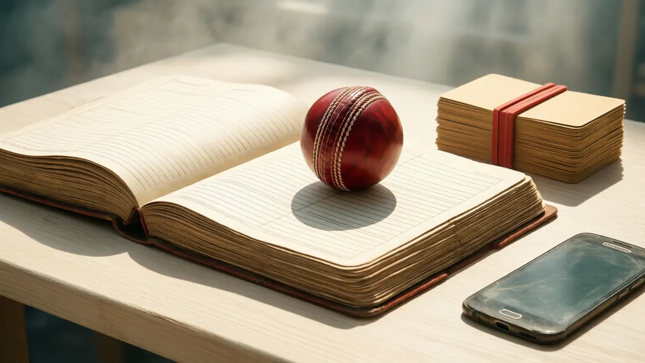 A thick bound paper ledger lying open on a pale plywood workbench in bright daylight, its ruled pages blank, a red leather cricket ball resting on one page, a short stack of plain sand-coloured index cards held by a brick red rubber band beside it and an old Android phone lying face down at the far edge.