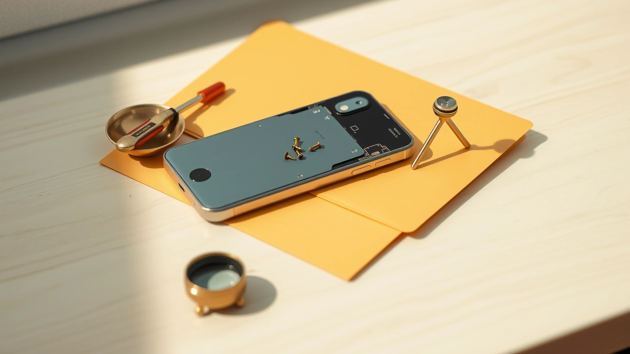 An old Android phone with its back cover removed lying on a pale plywood bench in bright daylight, a small precision screwdriver and three tiny screws in a shallow brass dish beside it, a brass loupe standing on its folding legs over the open phone and a saffron manila folder underneath.